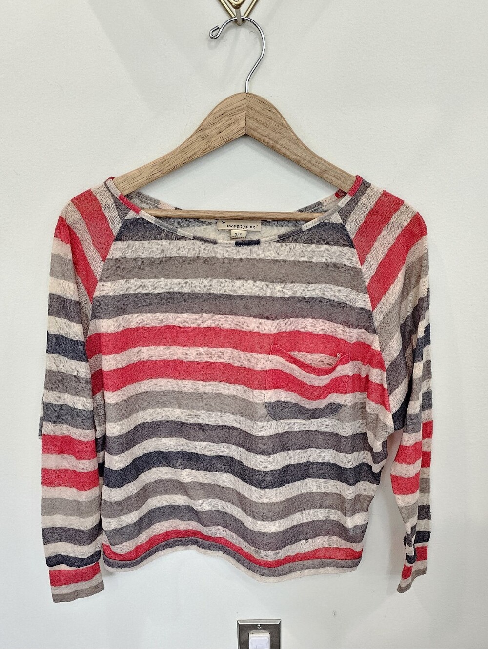 Forever 21 Coral Gray & Beige Stripe Top With Pocket Size Small